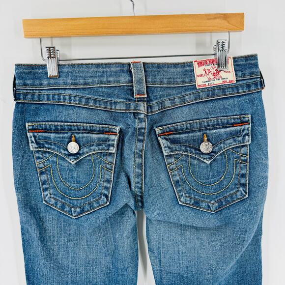 True Religion Women’s Jeans Size 28 Blue Straight Leg Low Rise Distressed Denim - Picture 8 of 9
